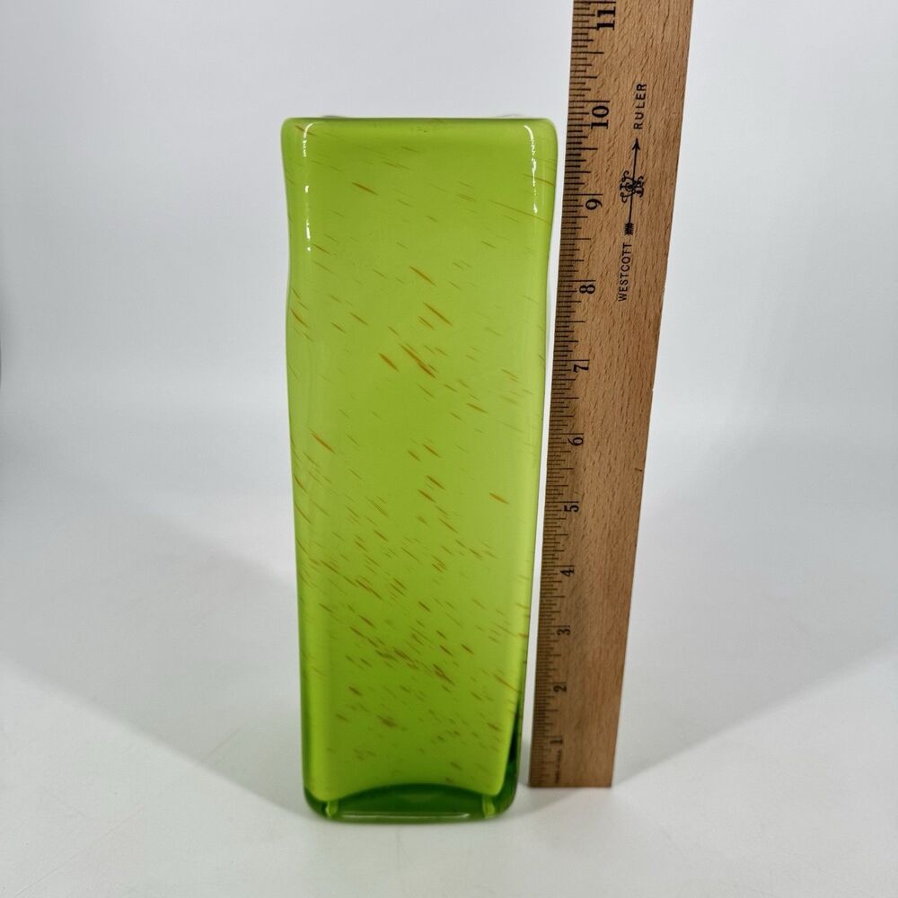Tall Green Art Glass Vase Hand Blown Style Square Modern Speckled 9.75” - Picture 5 of 10